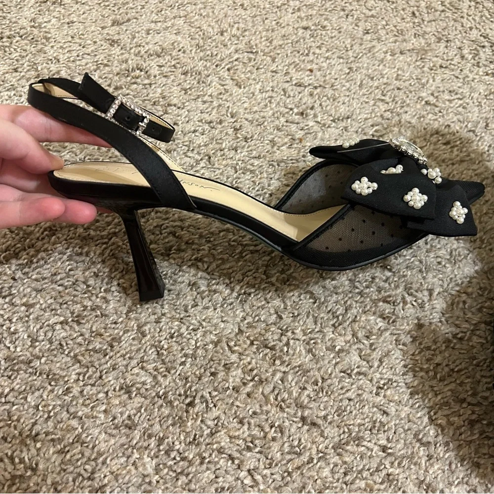 Betsey Johnson Mark Bow Stiletto Heel Pumps Mesh Rhinestone Ankle Strap Size 9.5